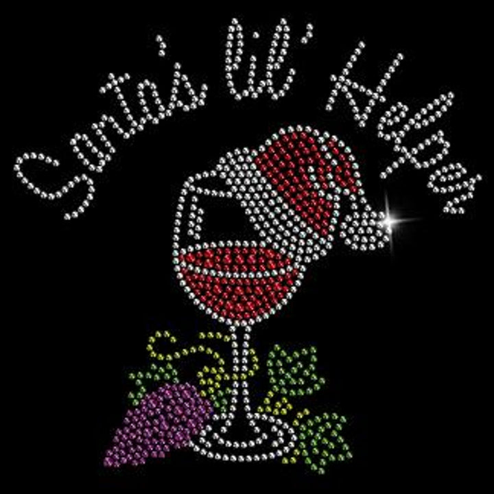 New XL Hand Printed Santa Helper Christmas Rhinestone Wine Cotton 3/4 Sleeve Tee