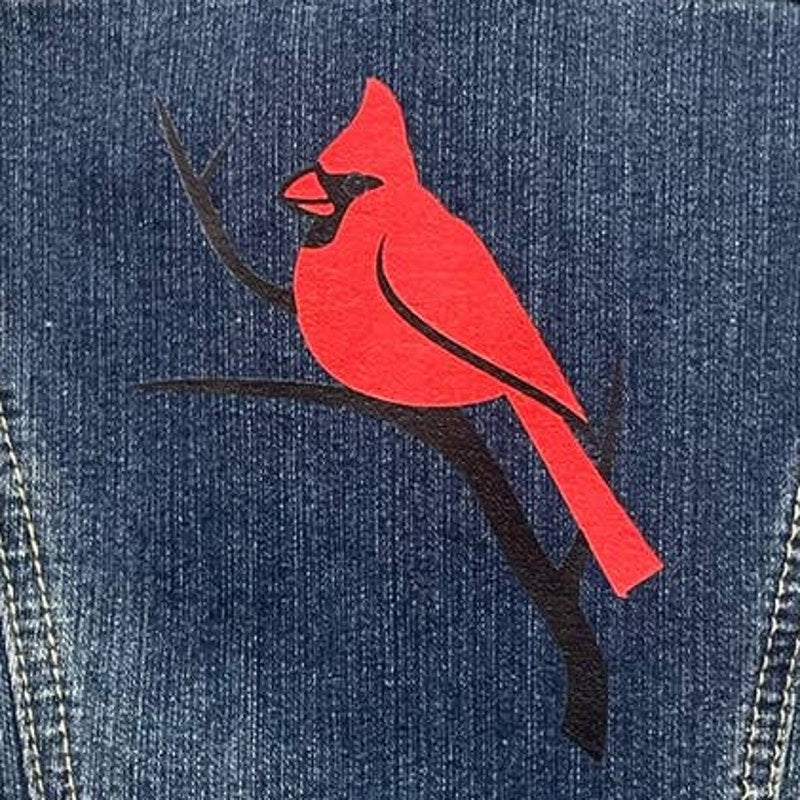Cato Womens Small Cutoff Arms Hand Printed Upcycled Red Cardinal Bird Denim Vest