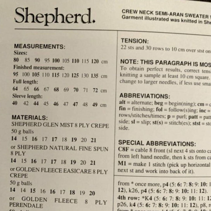 New Shepherd 1869 8 Ply Crew Neck Semi-Aran Pullover Sweater Knitting Pattern