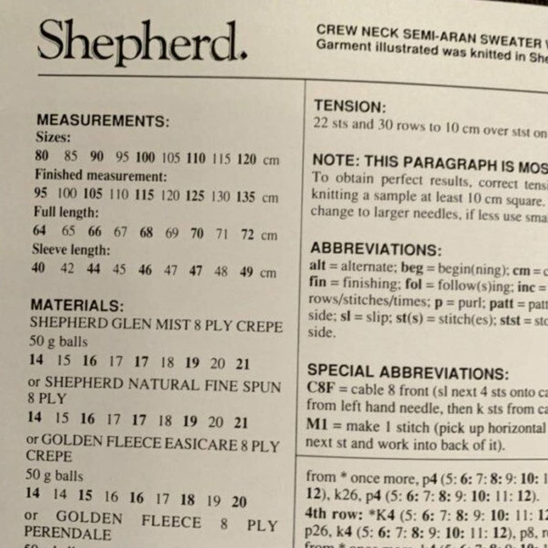 New Shepherd 1869 8 Ply Crew Neck Semi-Aran Pullover Sweater Knitting Pattern