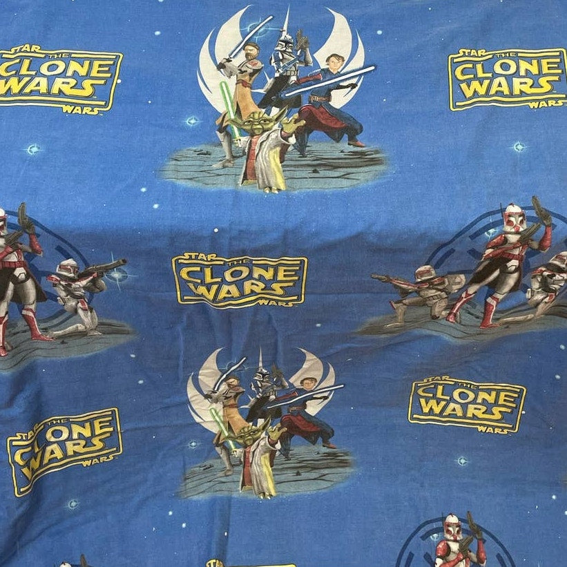 Star Wars The Clone Wars Blue Polyester Cotton Blend Yoda Anakin Twin Flat Sheet