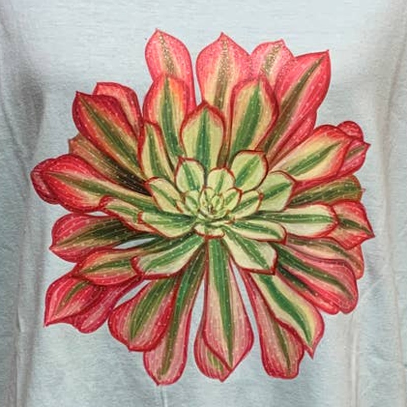 New Hand Printed 2XL Pink Green Succulent Cactus 100% Cotton Short Sleeve Tee
