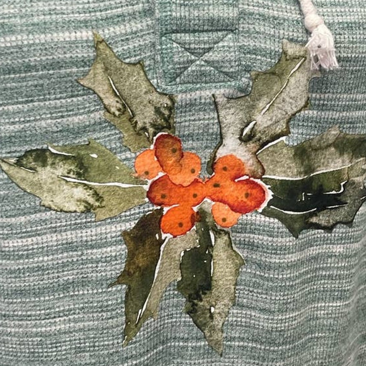 Hand Printed Womens XL Upcycled Christmas Holly Leaves Berries 1/4 Button Hoodie