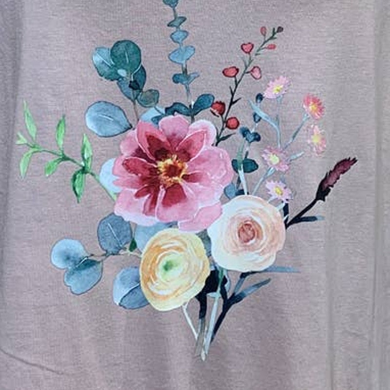 New Hand Printed Hi Low 2X Pink Watercolor Summer Flower Peony Aster Bouquet Tee