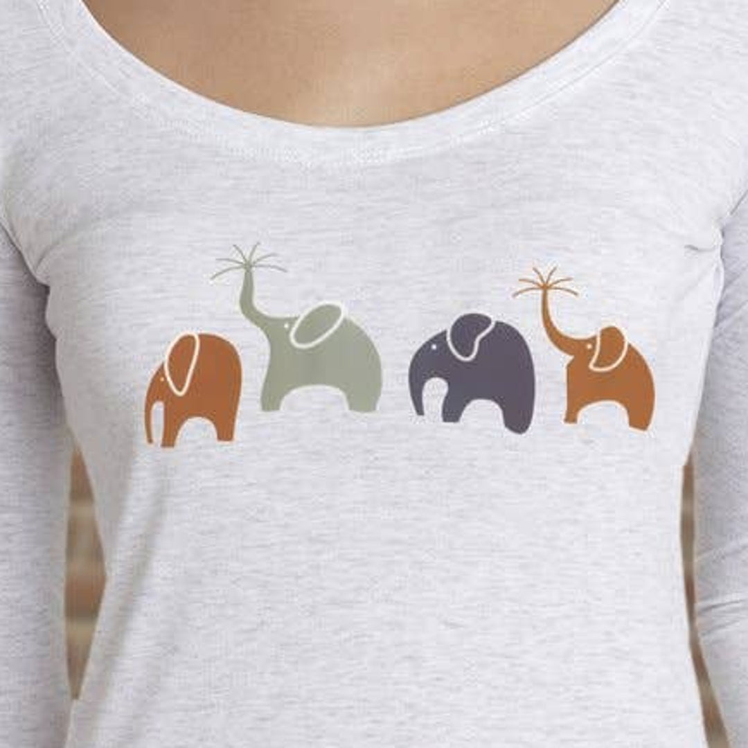 New Hand Printed Medium Happy Elephant Family Cotton Blend Scoop Neck T-Shirt