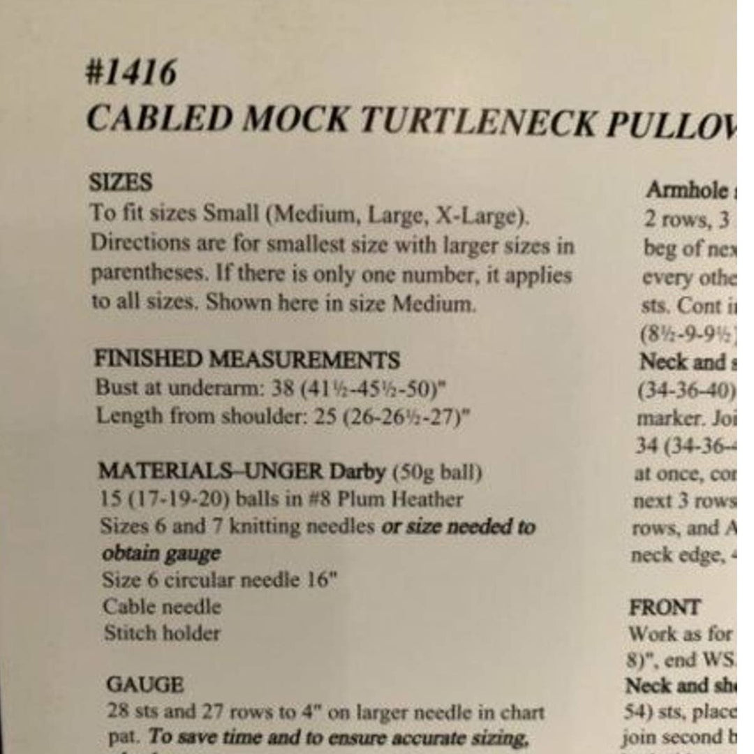 New Unger 1416 Darby Cabled Mock Turtleneck Pullover Sweater Knitting Pattern