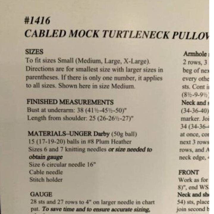 New Unger 1416 Darby Cabled Mock Turtleneck Pullover Sweater Knitting Pattern