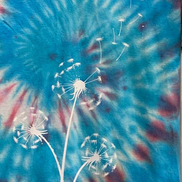 Hand Printed Small/Medium Upcycled Dandelion V-Neck Tie Dyed 100% Cotton Tee