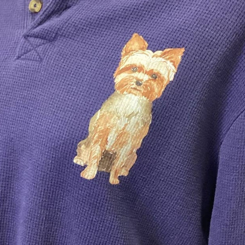 Hand Printed Mens Medium Upcycled Yorkshire Terrier Yorkie Dog Henley Shirt EUC