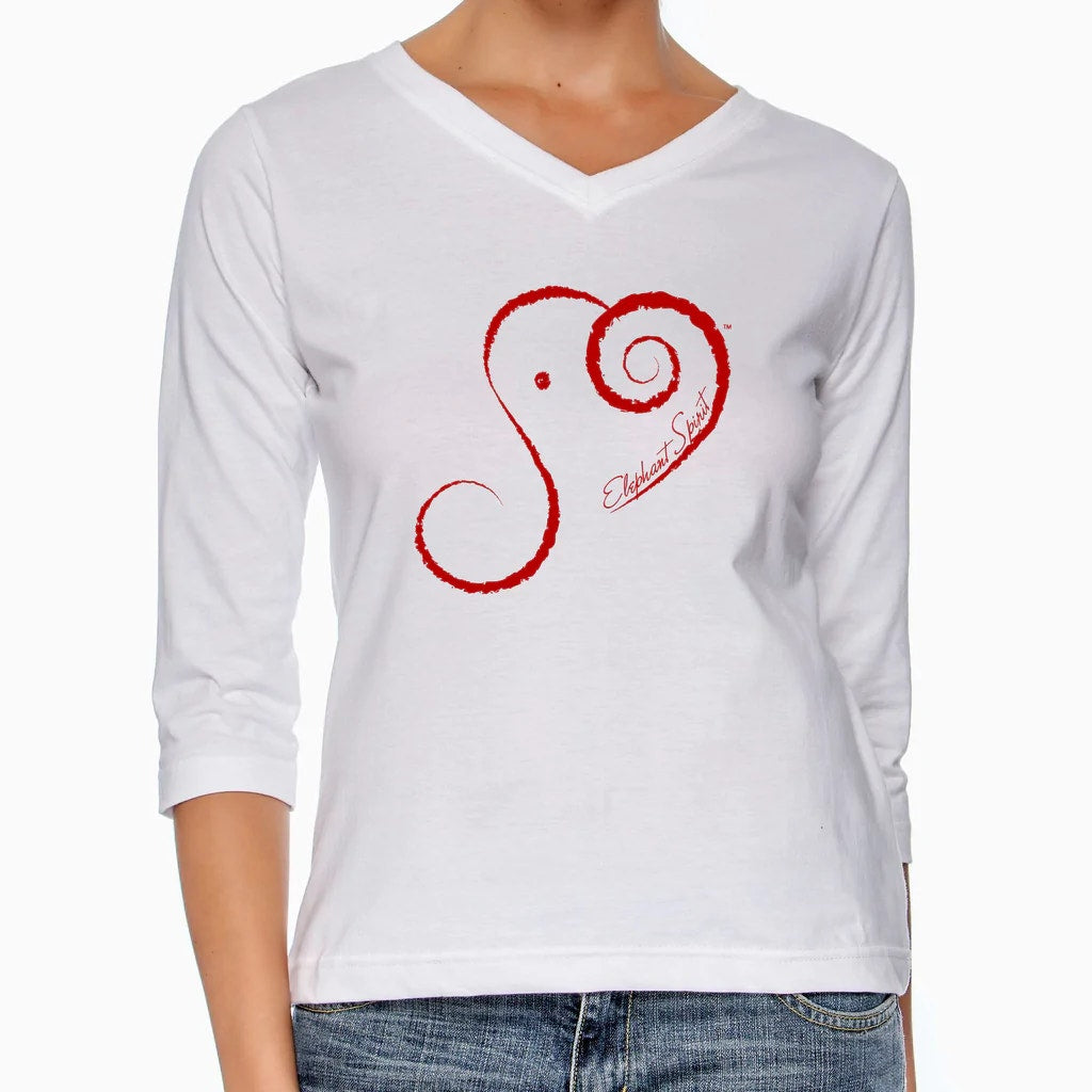 New Hand Printed Medium Elephant Spirit 100% Cotton V-Neck 3/4 Sleeve T-Shirt