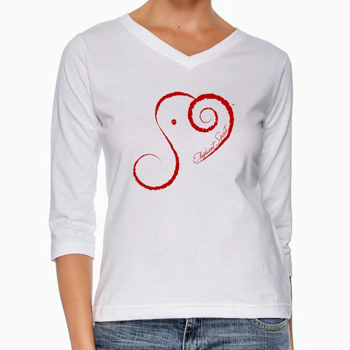 New Hand Printed Medium Elephant Spirit 100% Cotton V-Neck 3/4 Sleeve T-Shirt