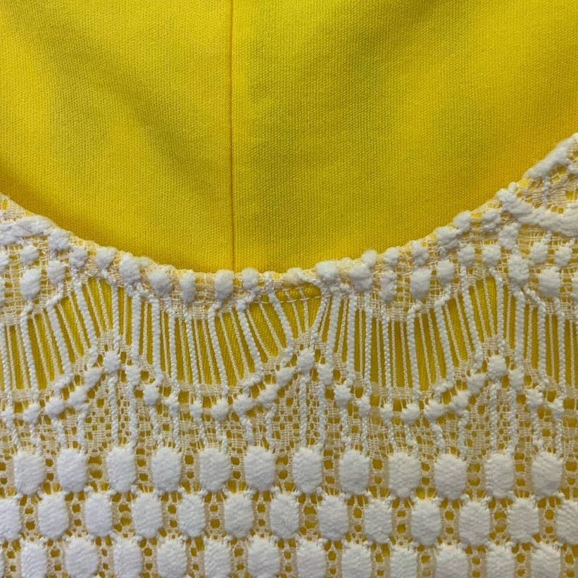 Tiana B Womens Small Short Sleeve Body Con Yellow Dress White Crochet Overlay
