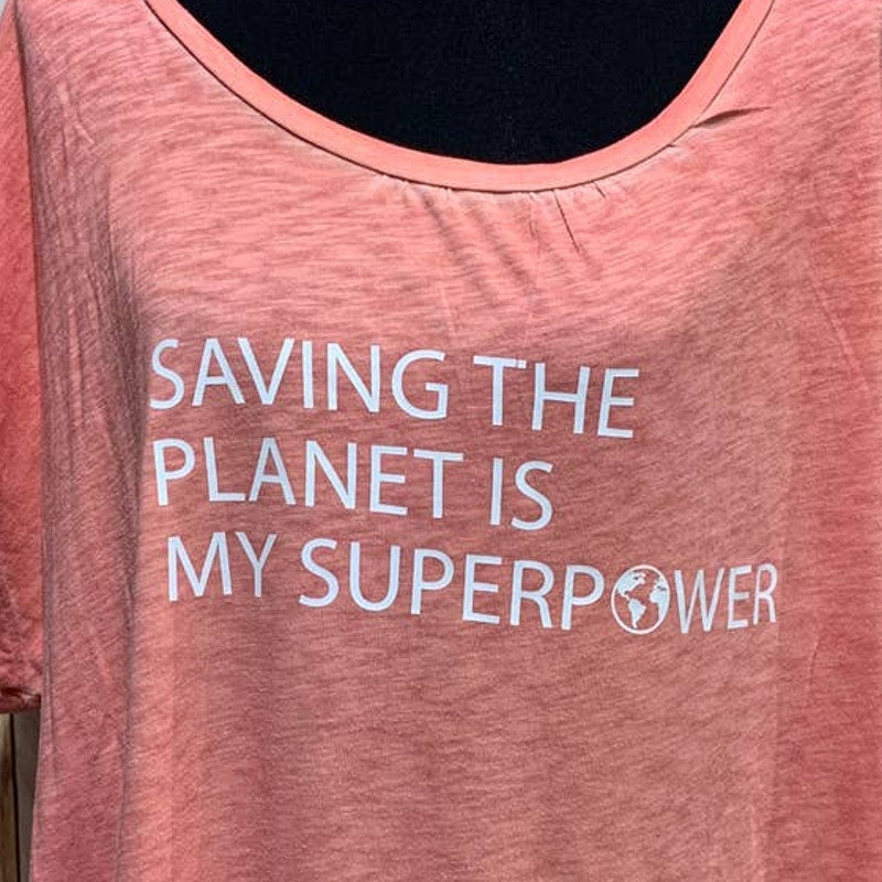 Hand Printed Upcycled Womens 3X Saving the Planet is My Superpower Tee Shirt