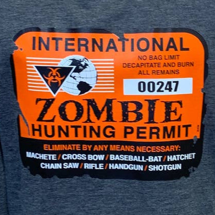 Hand Printed Upcycled Mens XL Halloween Zombie Hunting Permit Long Sleeve Tee
