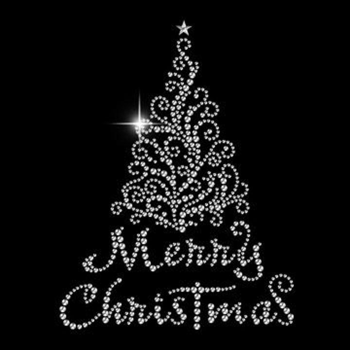 New Large Hand Pressed Merry Christmas Rhinestone 3/4 Sleeve Cotton V-Neck Tee
