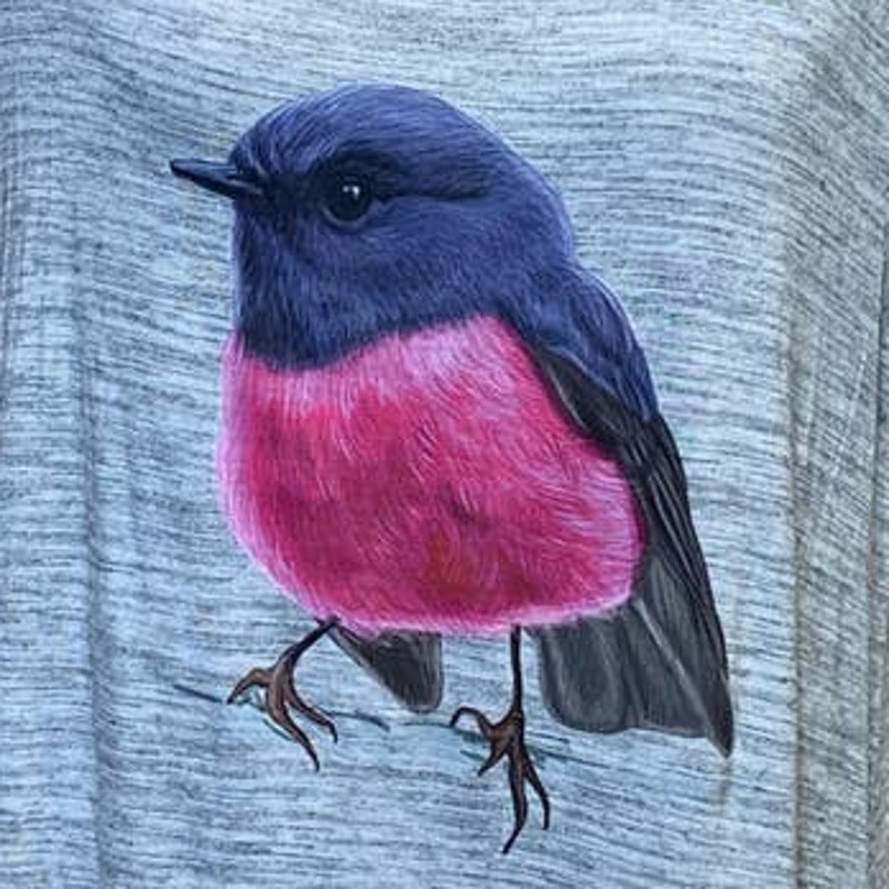 Upcycled Hand Printed Women Medium Pink Robin Ukraine Artist Fundraiser Long Tee