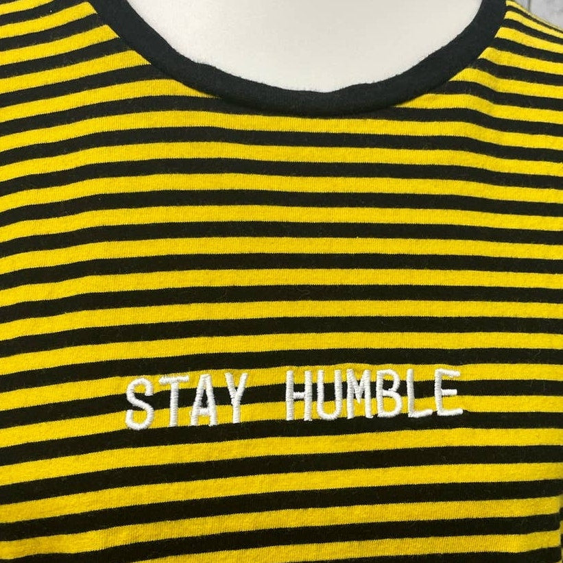 Forever 21 Men XL Stay Humble Black Yellow Striped Long Sleeve Crew Neck Tee