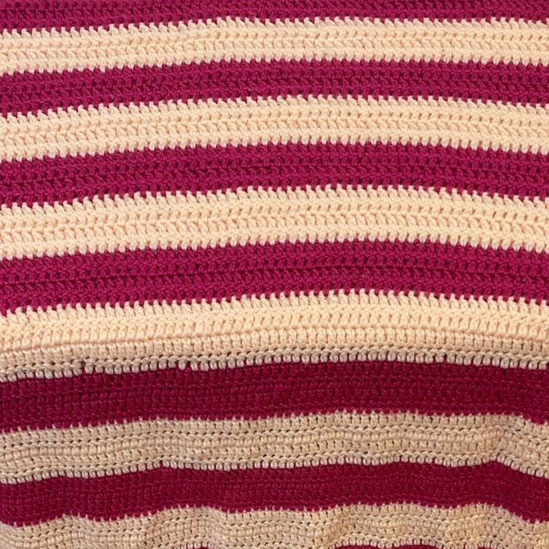 Handmade Vintage Crocheted Hot Pink Stripe Blanket Acrylic Yarn Afghan Throw