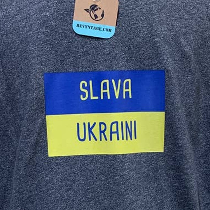 Upcycled Hand Printed Men Large Ukraine Flag Stork Bird Slava Ukraini Artist Tee