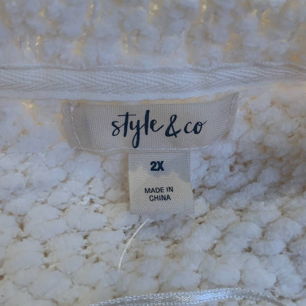 New Style &amp; Co 2X White Popcorn Boucle Long Sleeve Fuzzy Crew Neck Sweater