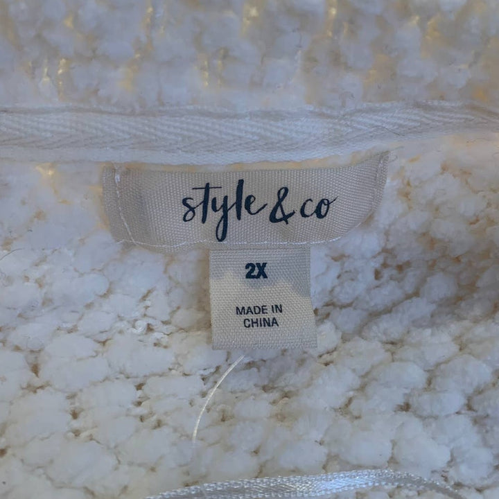 New Style &amp; Co 2X White Popcorn Boucle Long Sleeve Fuzzy Crew Neck Sweater