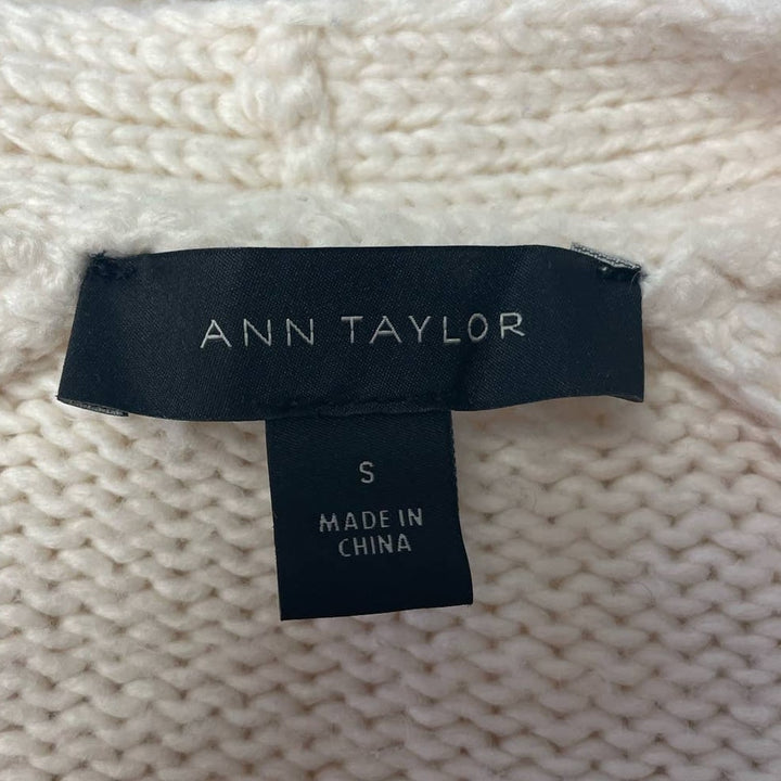Ann Taylor Small Cotton Blend Long Open Front Cable Knit Cream Cardigan Sweater
