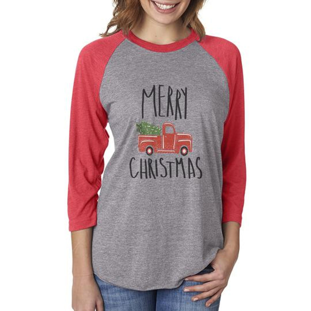 New XS Hand Printed Christmas Tree Vintage Truck 3/4 Sleeve Raglan Tee Shirt