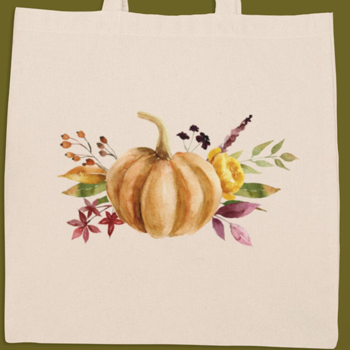New Hand Printed Autumn Pumpkin Fall Flowers Canvas Two Handle Shopper Tote Bag