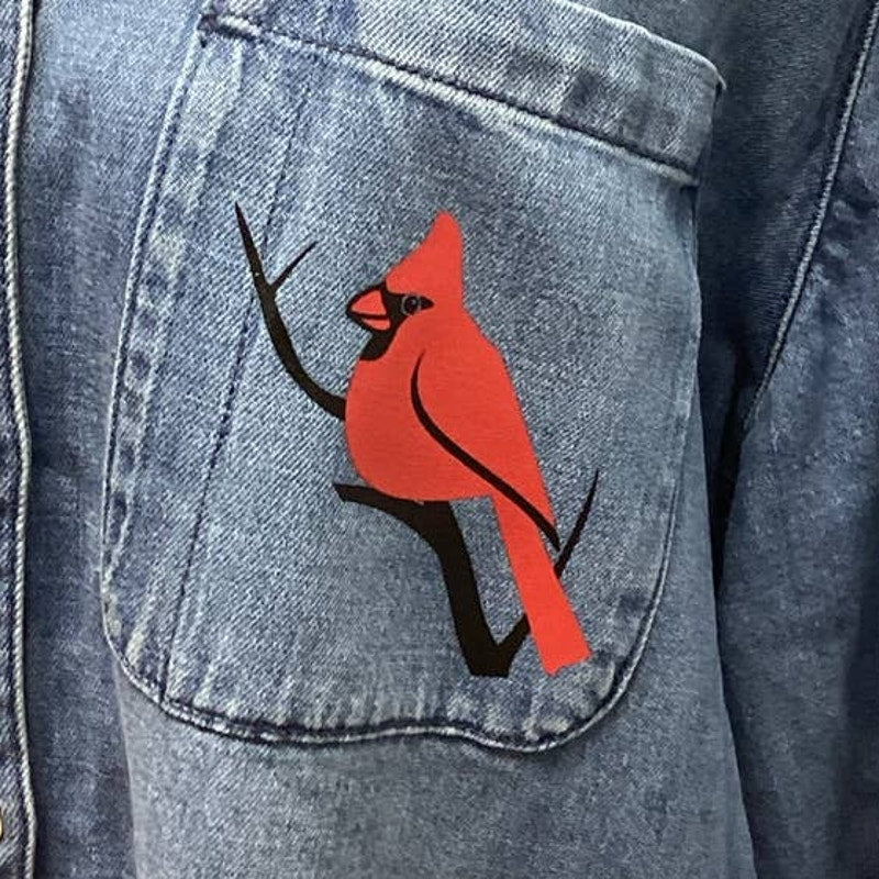 Hand Printed Upcycled Womens XXL Cardinal Long Sleeve Denim Button Up Shirt