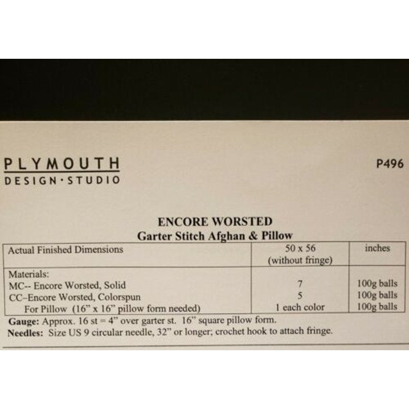 New Plymouth Encore Worsted Garter Stitch Blanket Pillow Knitting Pattern P496