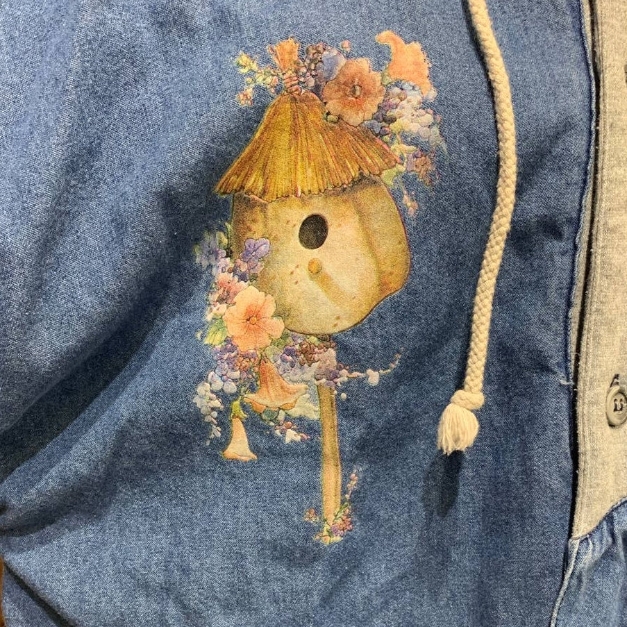 Warm Birdhouse Friends XL Womens Hoodie Sweatshirt Denim Button Up Shirt Combo