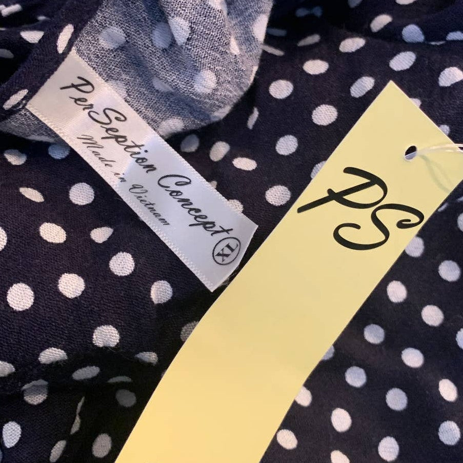 New Per Ception Concept XL Rayon Black White Polka Dot Long Sleeve Flowy Blouse