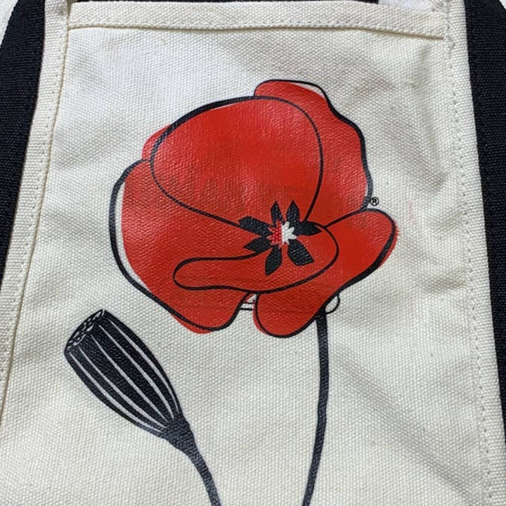 Hand Printed Upcycled Red Poppy Flower Small Cotton Canvas Tote Bag Purse
