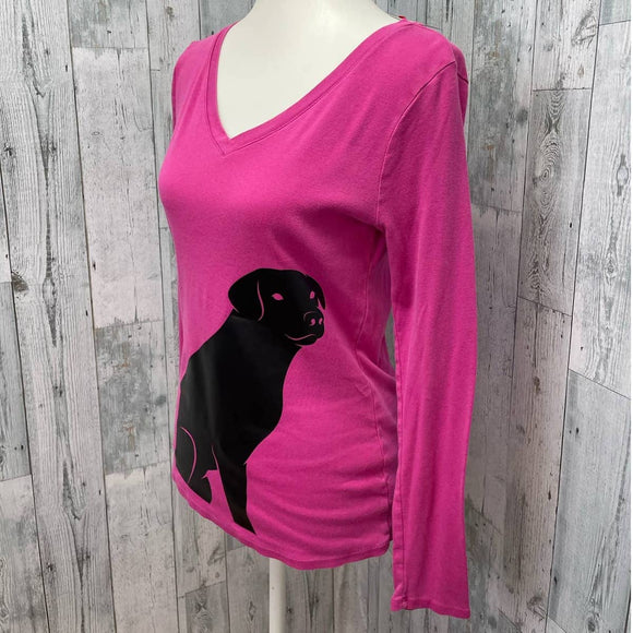 Hand Printed Upcycled Medium Black Lab Dog Puppy Long Sleeve V-Neck Tee