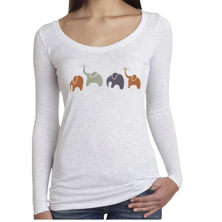 New Hand Printed Medium Happy Elephant Family Cotton Blend Scoop Neck T-Shirt