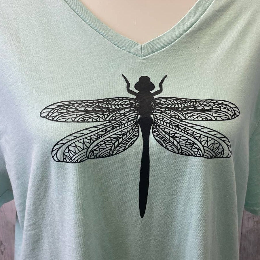 Hand Printed Upcycled Womens XL Dragonfly Cotton Short Sleeve V-Neck Tee Shirt