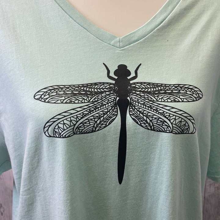 Hand Printed Upcycled Womens XL Dragonfly Cotton Short Sleeve V-Neck Tee Shirt