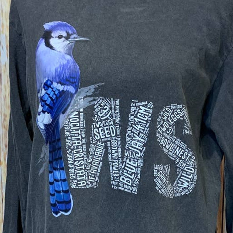 Wingspan Inspired Medium Blue Jay Bird Hand Printed Upcycled Long Sleeve Tee