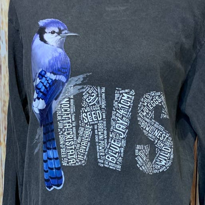 Wingspan Inspired Medium Blue Jay Bird Hand Printed Upcycled Long Sleeve Tee
