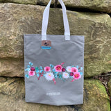 Upcycled Hand Printed Flower Peony Aster Floral Saving the Planet Tote Bag