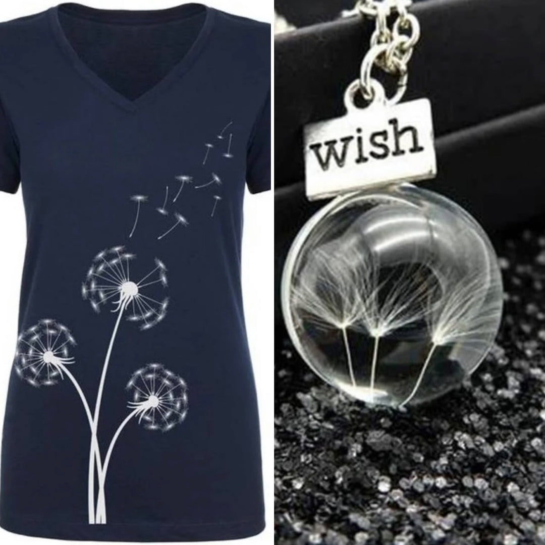 New Hand Printed Womens Large Make A Wish Dandelion Short Sleeve Tee w Necklace