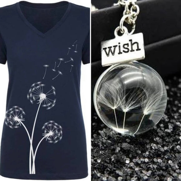 New Hand Printed Womens Large Make A Wish Dandelion Short Sleeve Tee w Necklace