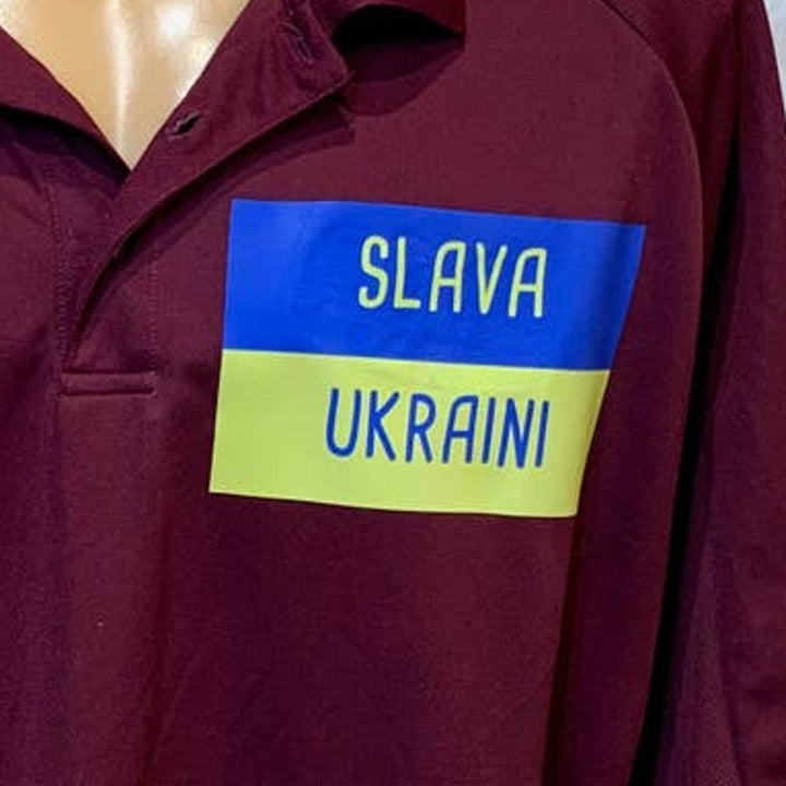 Upcycled Hand Printed Mens 2XL Ukraine Flag Slava Ukraini Artist Fundraiser Polo
