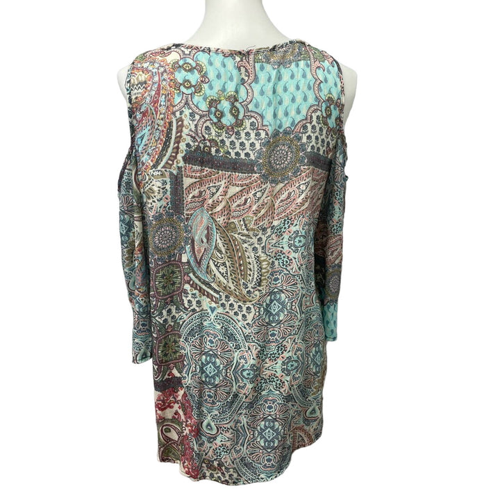 Spense Womens Medium Boho Patchwork Lace Cold Shoulder Bell Sleeve Paisley Top