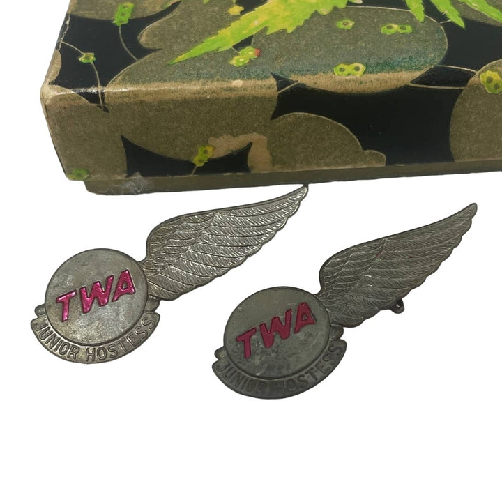Vintage TWA Junior Hostess Airline Half-Wing Pins Pair with Bird Box