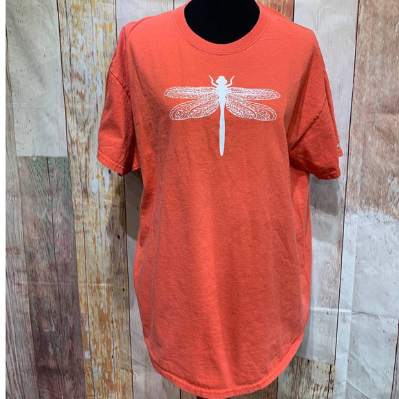 Hand Printed Upcycled Womens XL Dragonfly Short Slv Cotton Blend Crew Neck Tee
