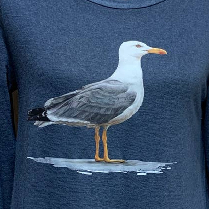 Hand Printed Upcycled Womens Medium Watercolor Summer Seagull Bird Long Slve Tee