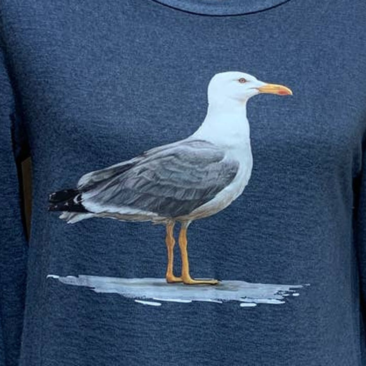 Hand Printed Upcycled Womens Medium Watercolor Summer Seagull Bird Long Slve Tee
