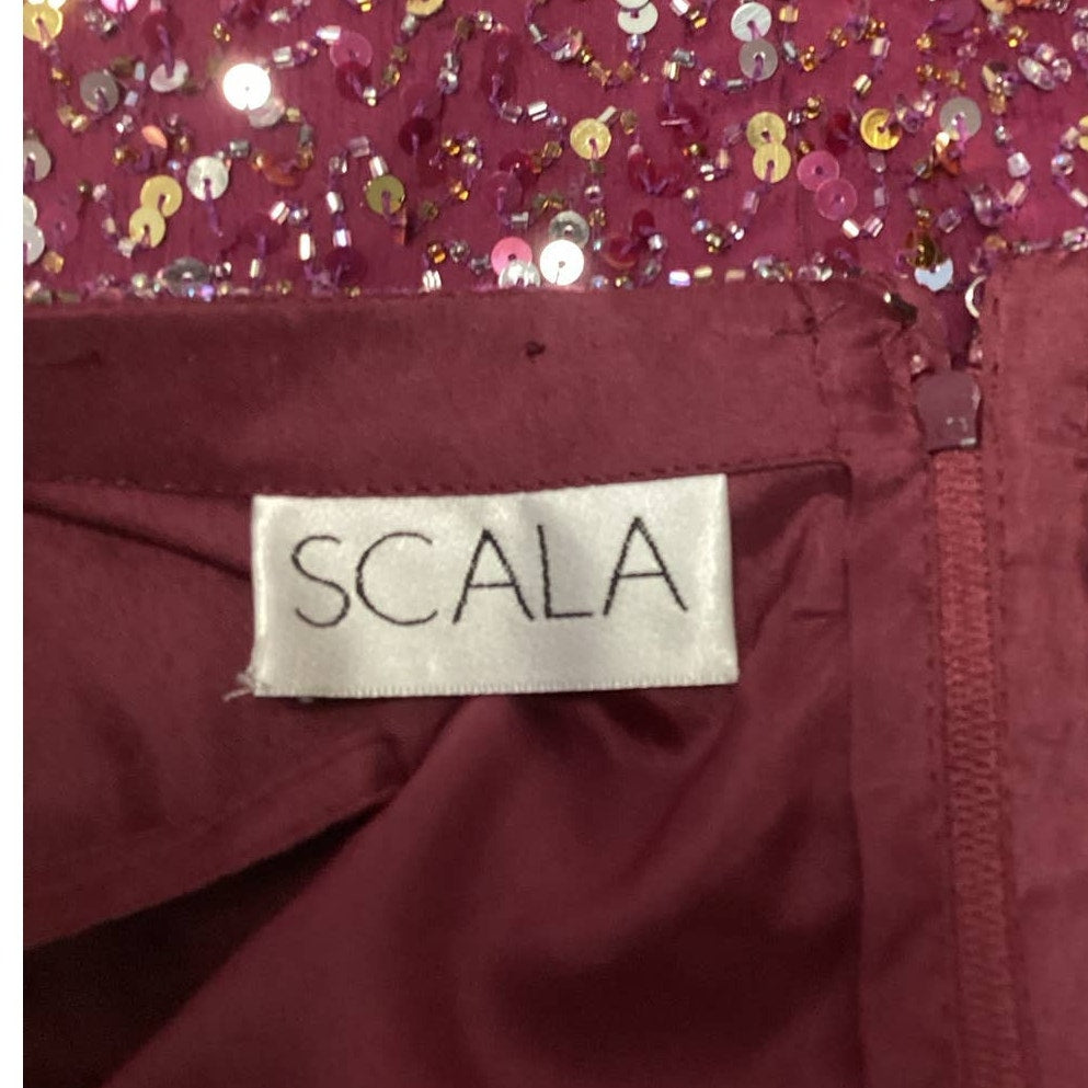 Scala Womens Size XL Wine Red Silk Zip Up V-Neck Fully Lined Formal Sequin Top
