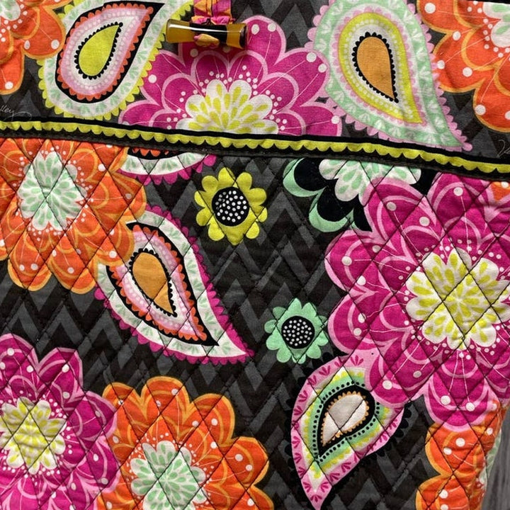 Vera Bradley Gray Pink Yellow Floral Quilted Fabric Handbag Purse Inside Pockets